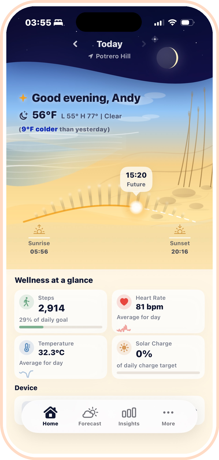 Ray companion app, today view with wellness at a glance